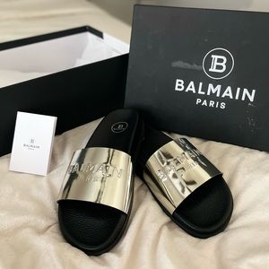 NWT BALMAIN Embossed Mirror Slides Sandals $450 Retail